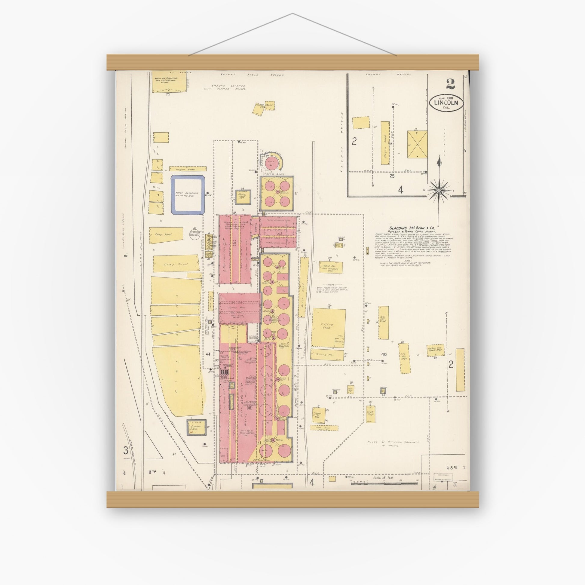 Old map wall art mockup — magnetic wood frame on white wall — Sanborn Fire Insurance Map from Lincoln, Placer County, California (1910), Sheet #0002