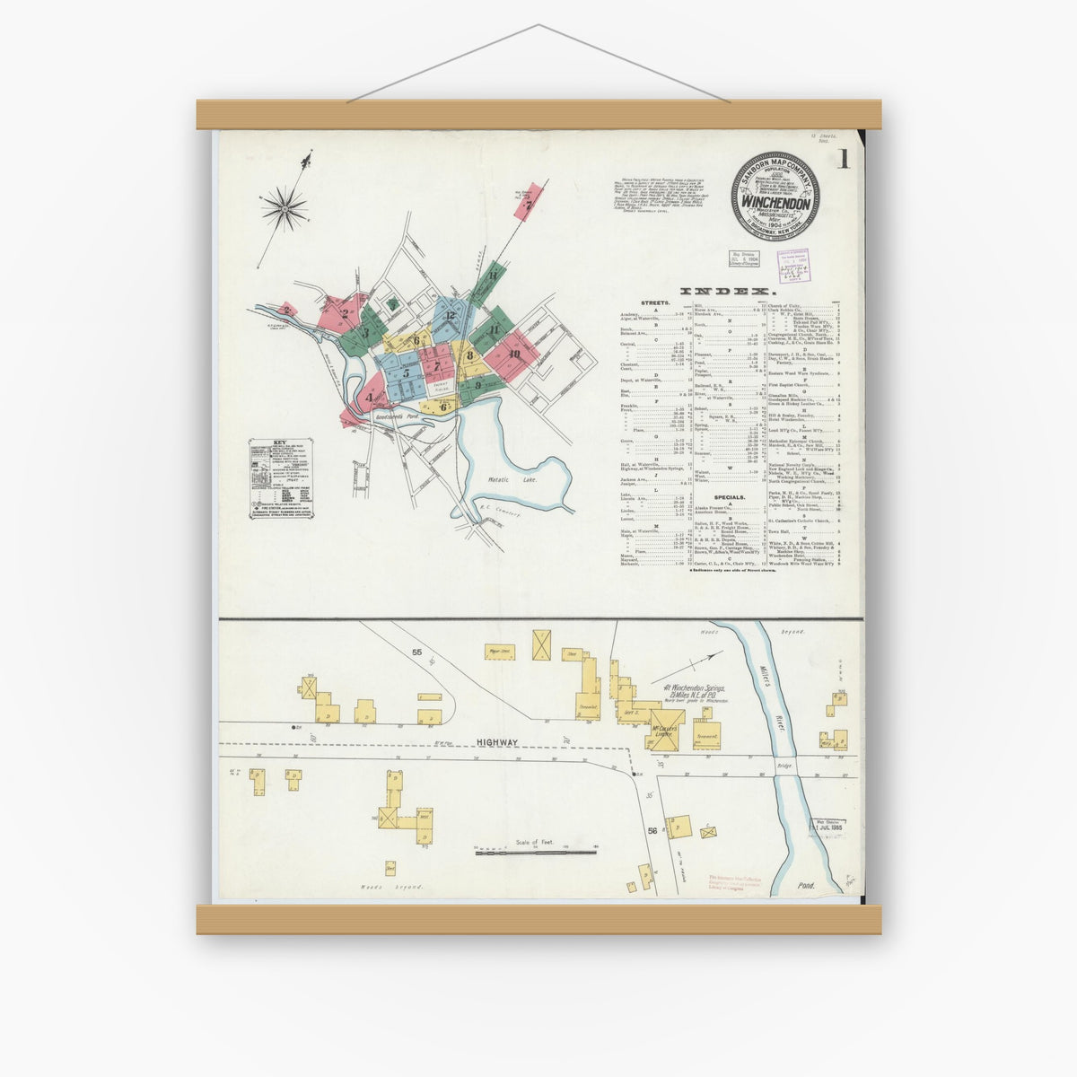 Old map wall art mockup — magnetic wood frame on white wall — Sanborn Fire Insurance Map from Winchendon, Worcester County, Massachusetts (1904) - Complete Map Set
