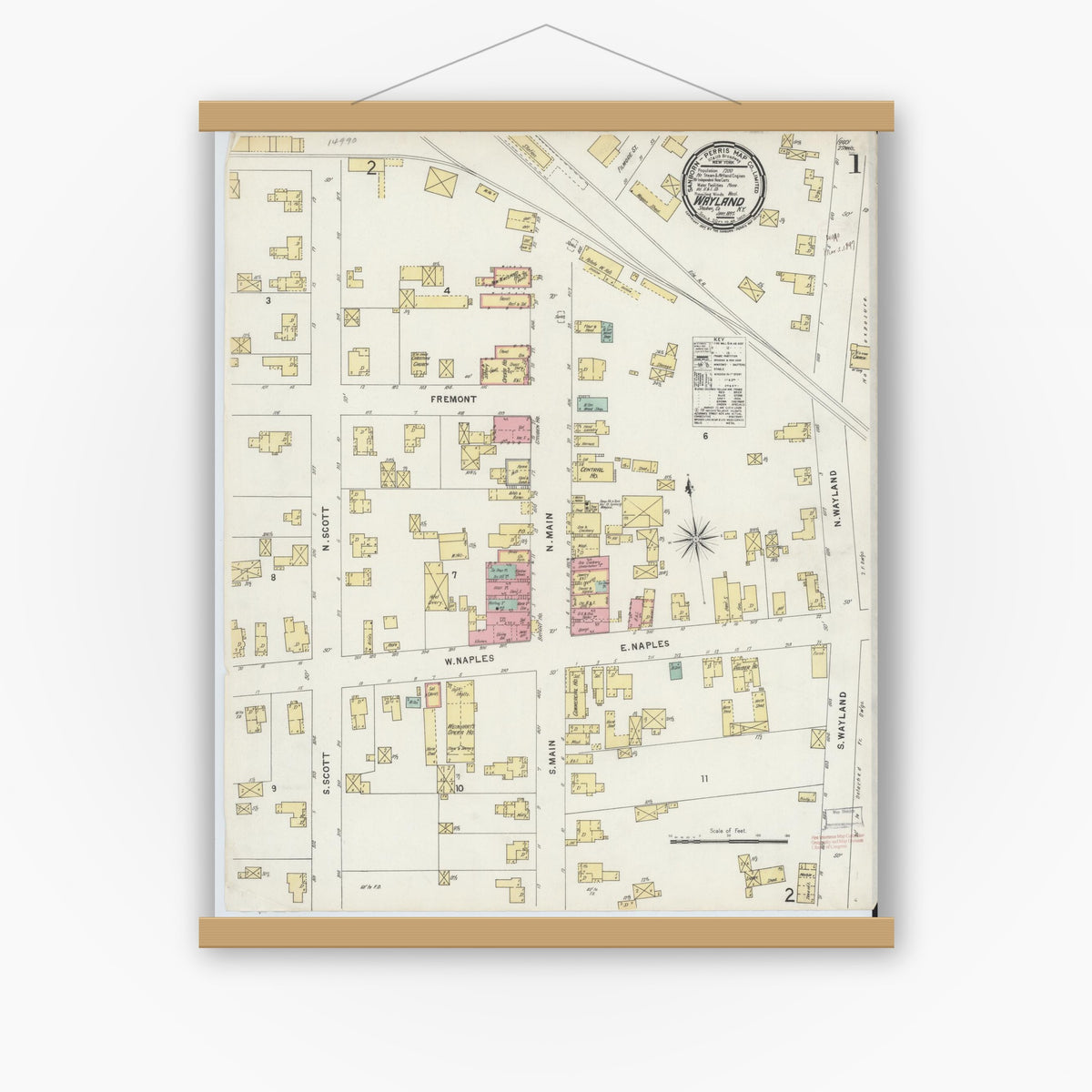 Old map wall art mockup — magnetic wood frame on white wall — Sanborn Fire Insurance Map from Wayland, Steuben County, New York (1897) - Complete Map Set