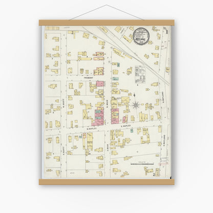 Old map wall art mockup — magnetic wood frame on white wall — Sanborn Fire Insurance Map from Wayland, Steuben County, New York (1897) - Complete Map Set