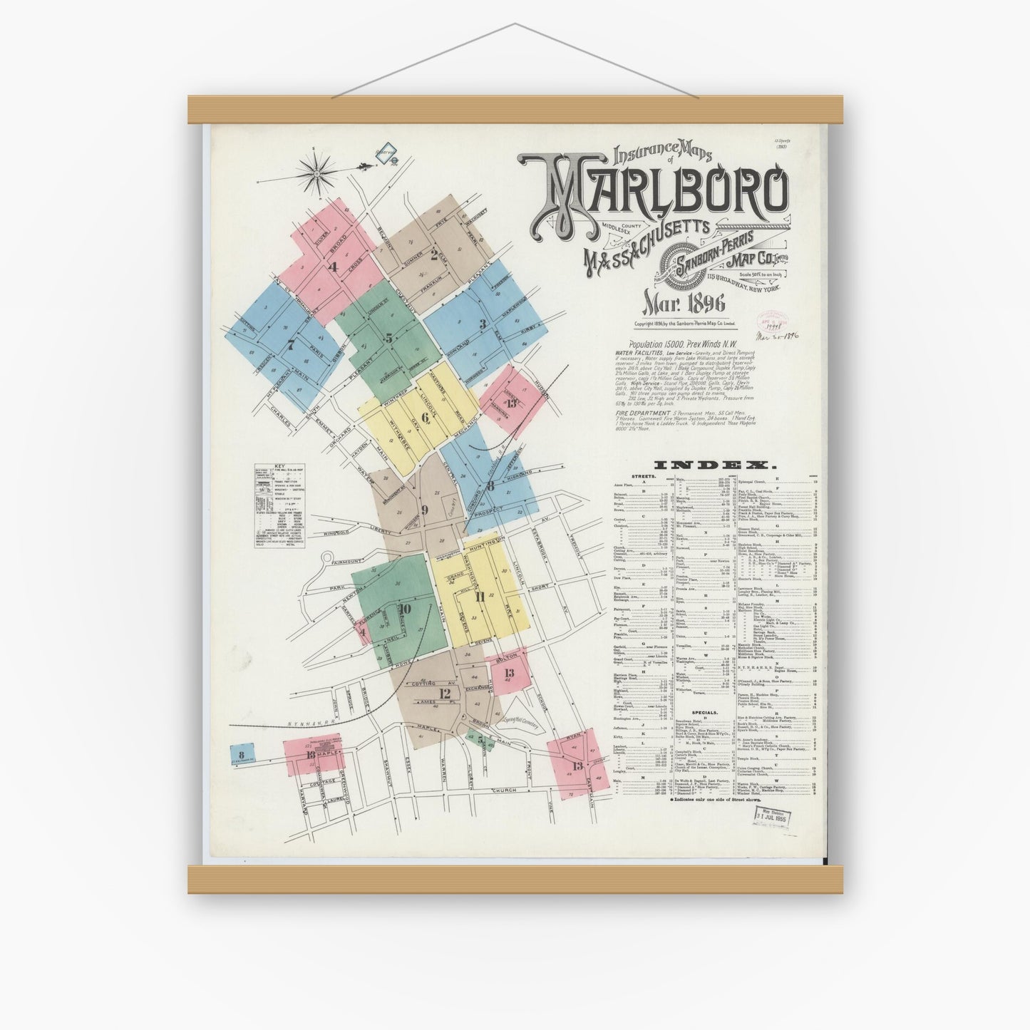 Old map wall art mockup — magnetic wood frame on white wall — Sanborn Fire Insurance Map from Marlborough, Middlesex County, Massachusetts (1896), Sheet #0001