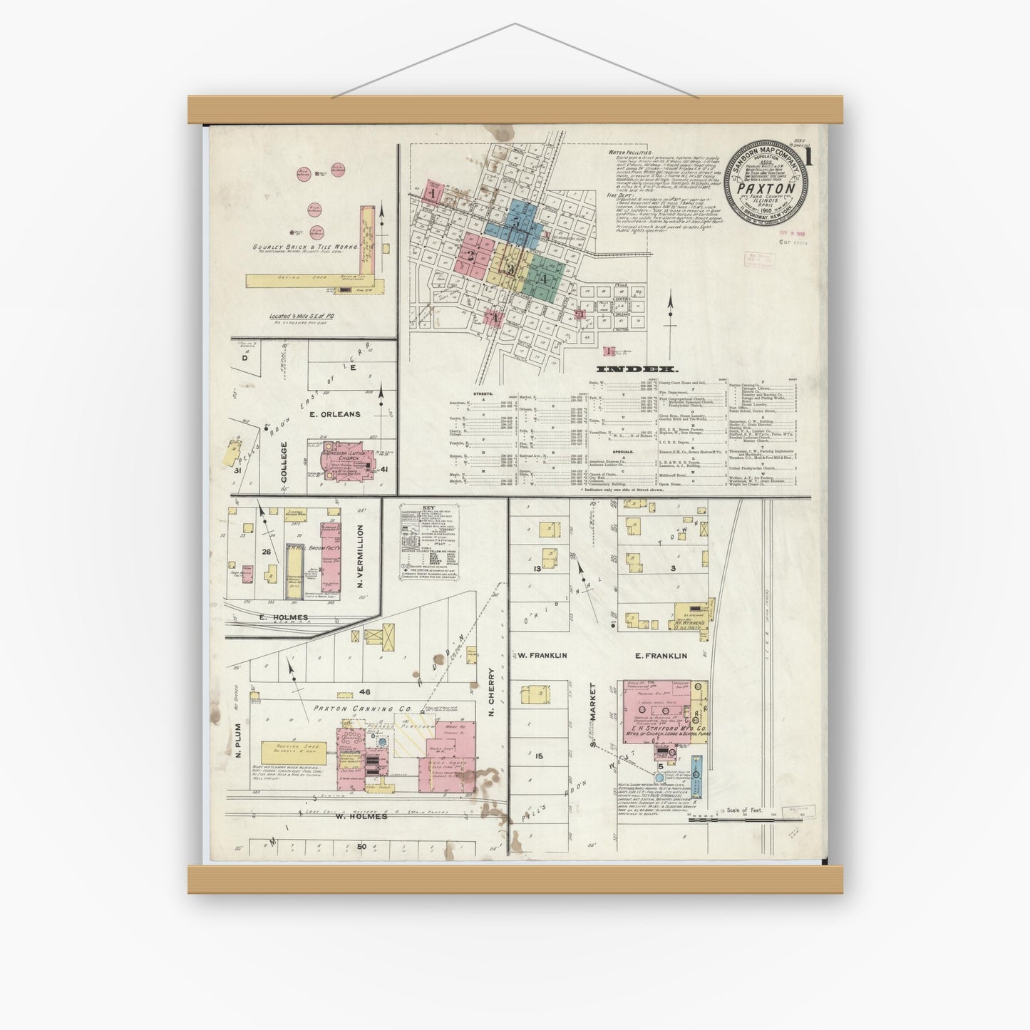 Old map wall art mockup — magnetic wood frame on white wall — Sanborn Fire Insurance Map from Paxton, Ford County, Illinois (1910) - Complete Map Set