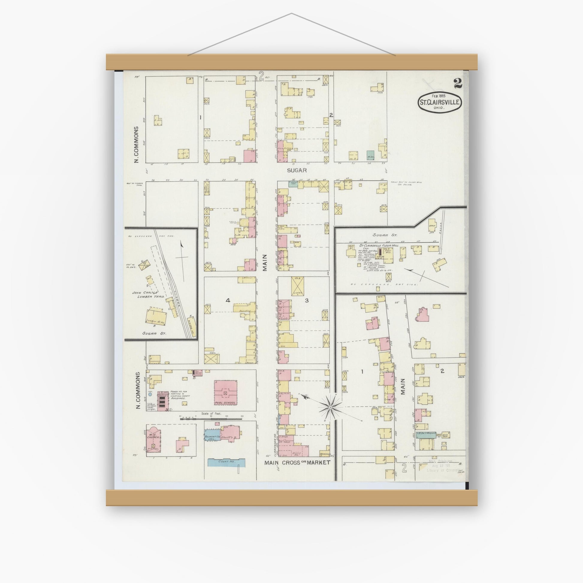Old map wall art mockup — magnetic wood frame on white wall — Sanborn Fire Insurance Map from Saint Clairsville, Belmont County, Ohio (1893), Sheet #0002