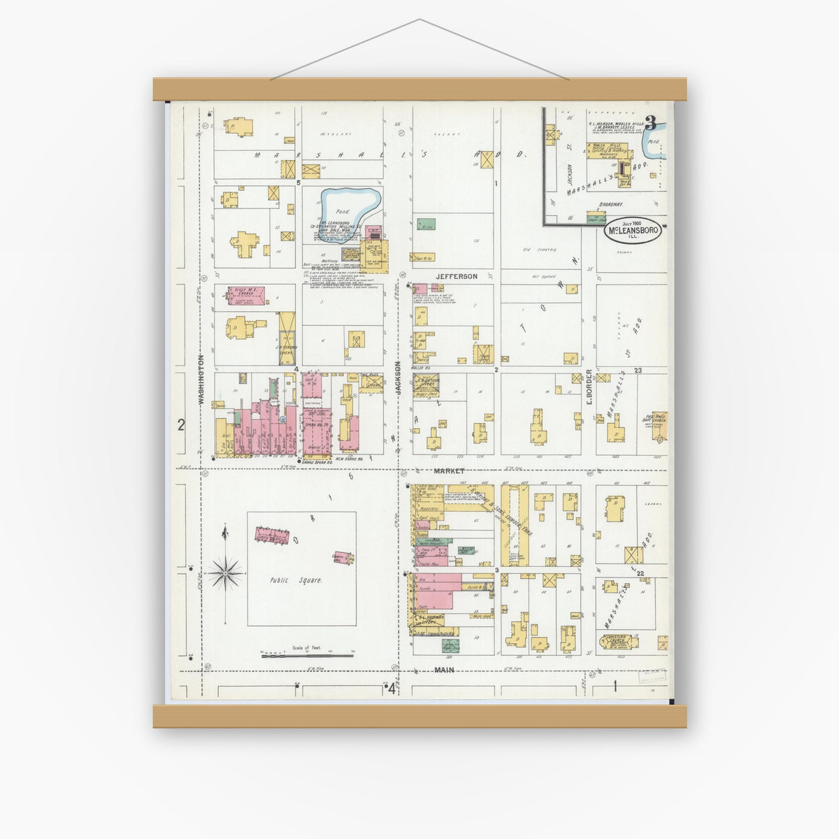 Old map wall art mockup — magnetic wood frame on white wall — Sanborn Fire Insurance Map from Mcleansboro, Hamilton County, Illinois (1900), Sheet #0003