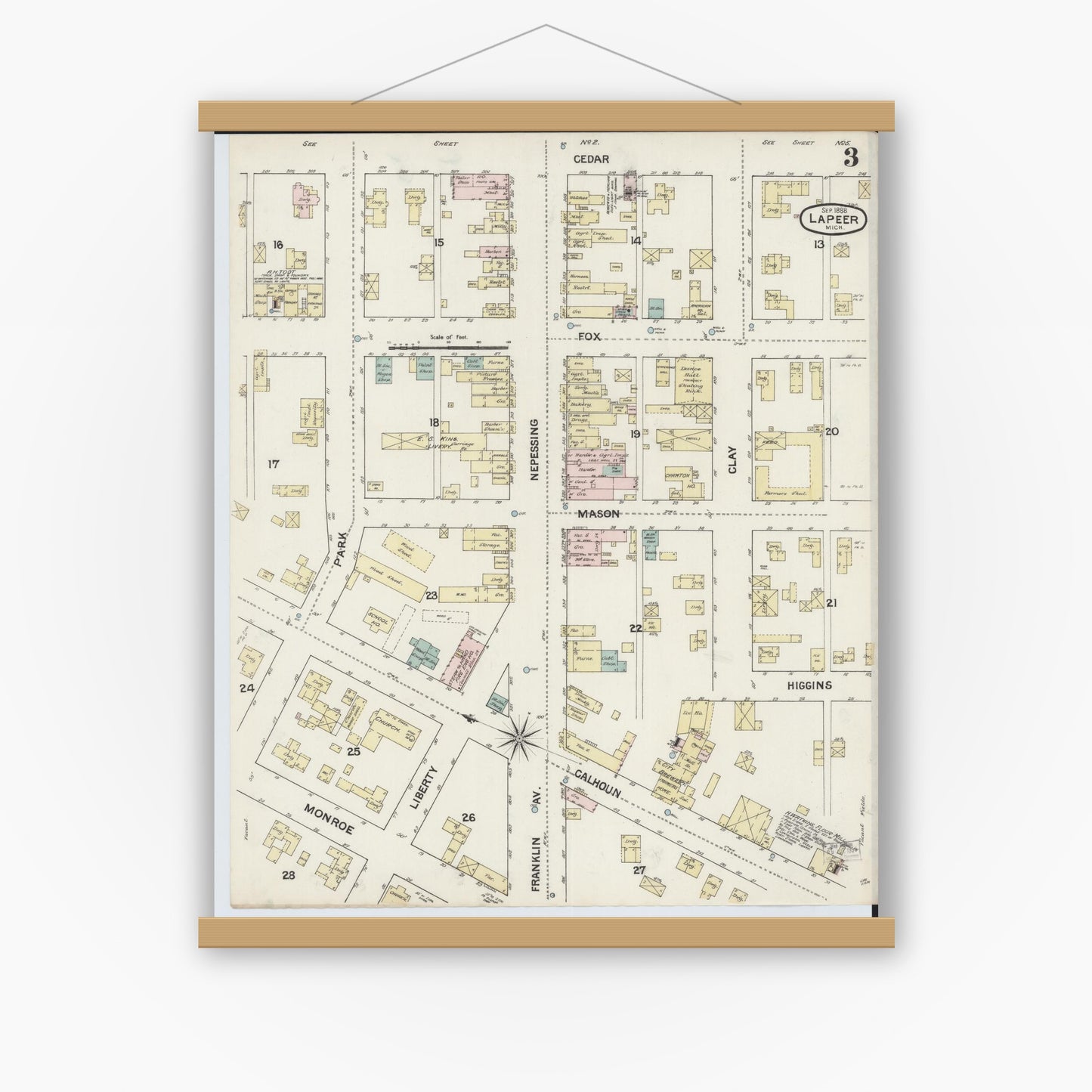 Old map wall art mockup — magnetic wood frame on white wall — Sanborn Fire Insurance Map from Lapeer, Lapeer County, Michigan (1888), Sheet #0003