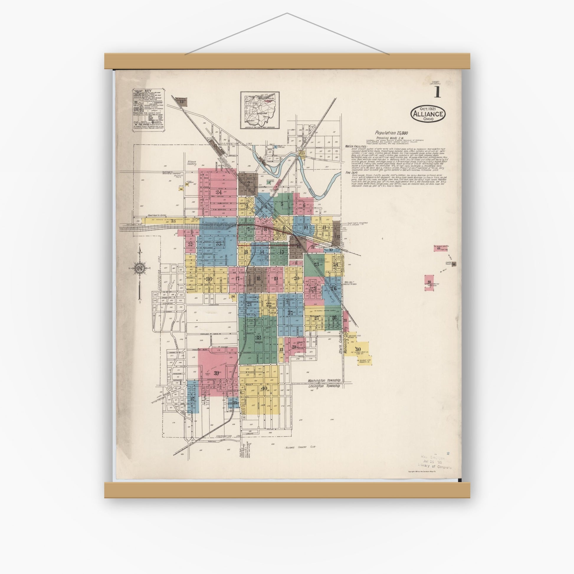 Old map wall art mockup — magnetic wood frame on white wall — Sanborn Fire Insurance Map from Alliance, Stark County, Ohio (1921), Sheet #0001