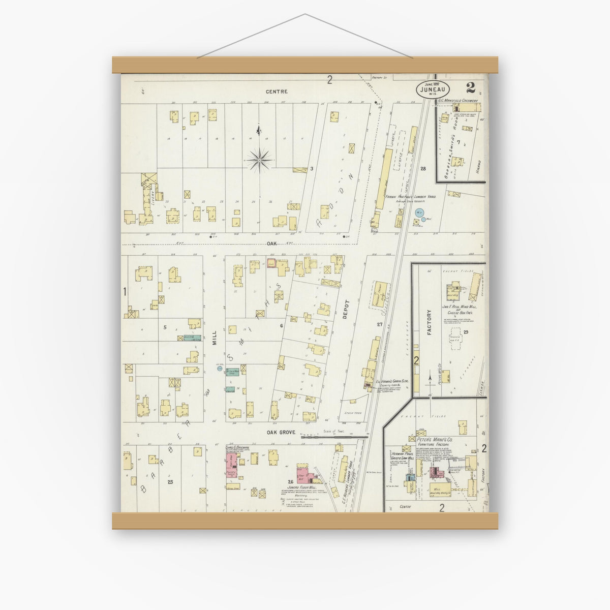 Old map wall art mockup — magnetic wood frame on white wall — Sanborn Fire Insurance Map from Juneau, Dodge County, Wisconsin (1897), Sheet #0002