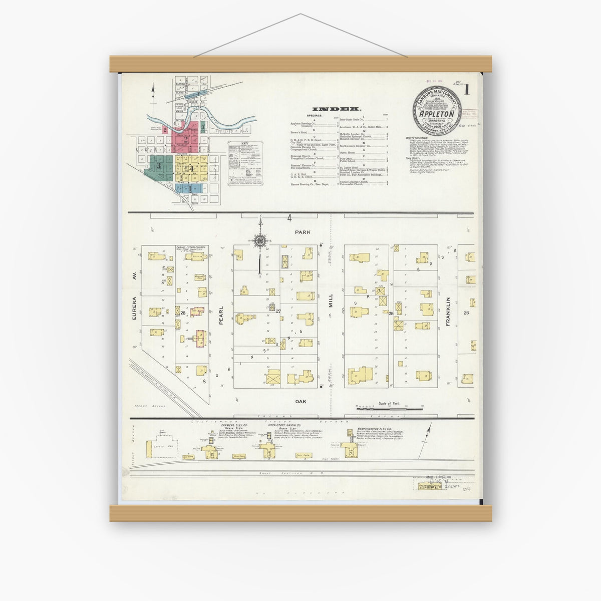 Old map wall art mockup — magnetic wood frame on white wall — Sanborn Fire Insurance Map from Appleton, Swift County, Minnesota (1909) - Complete Map Set