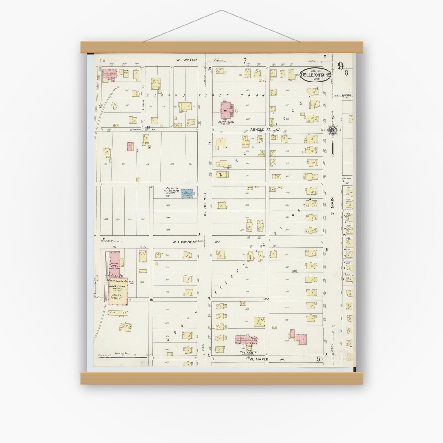 Old map wall art mockup — magnetic wood frame on white wall — Sanborn Fire Insurance Map from Bellefontaine, Logan County, Ohio (1914), Sheet #0009