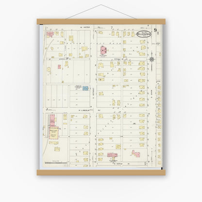 Old map wall art mockup — magnetic wood frame on white wall — Sanborn Fire Insurance Map from Bellefontaine, Logan County, Ohio (1914), Sheet #0009