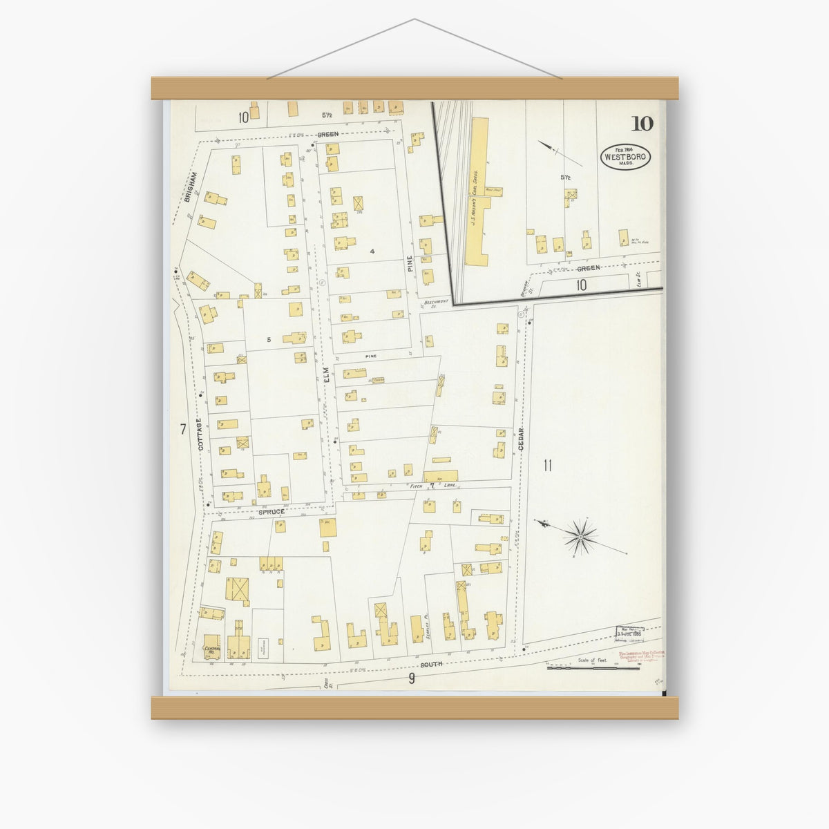 Old map wall art mockup — magnetic wood frame on white wall — Sanborn Fire Insurance Map from Westboro, Worcester County, Massachusetts (1904), Sheet #0010