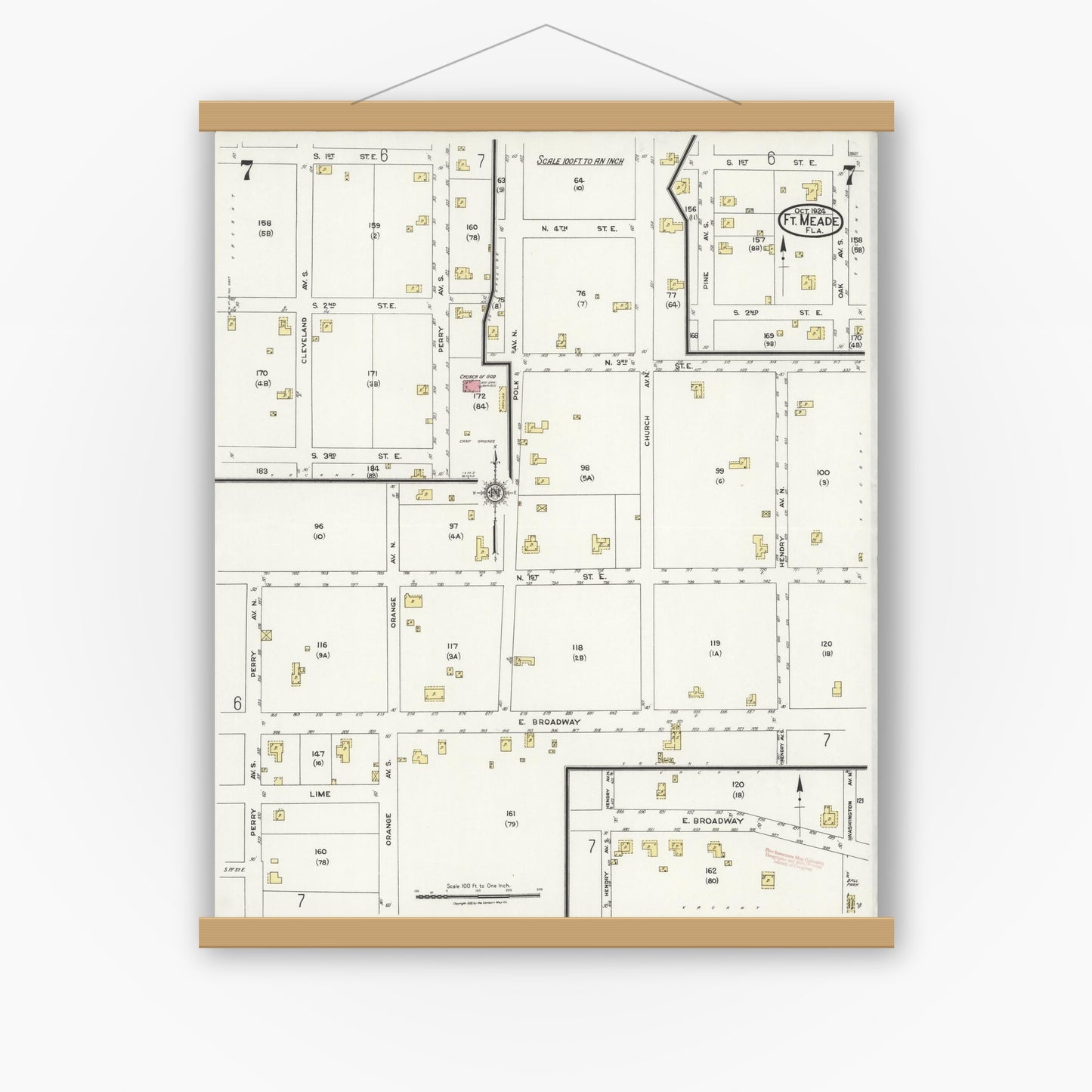 Old map wall art mockup — magnetic wood frame on white wall — Sanborn Fire Insurance Map from Fort Meade, Polk County, Florida (1924), Sheet #0007