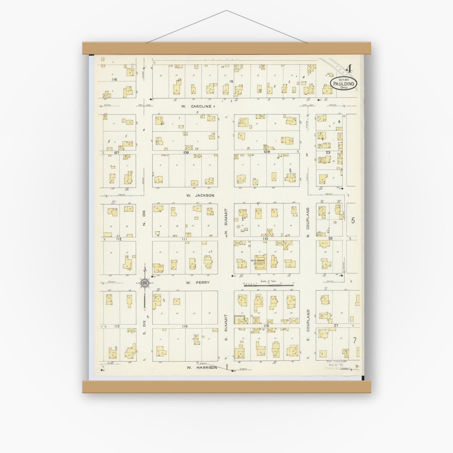 Old map wall art mockup — magnetic wood frame on white wall — Sanborn Fire Insurance Map from Paulding, Paulding County, Ohio (1913), Sheet #0004