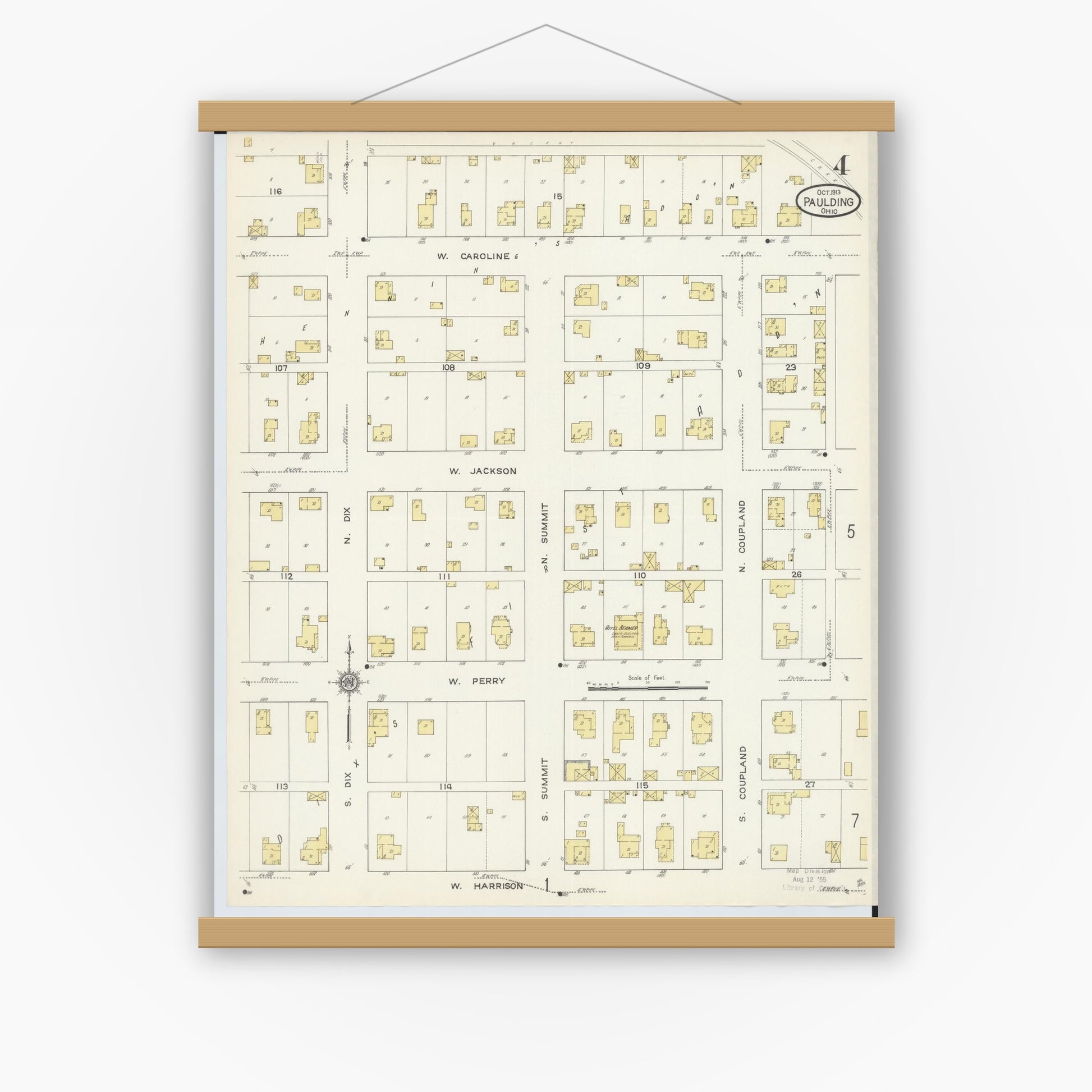 Old map wall art mockup — magnetic wood frame on white wall — Sanborn Fire Insurance Map from Paulding, Paulding County, Ohio (1913), Sheet #0004
