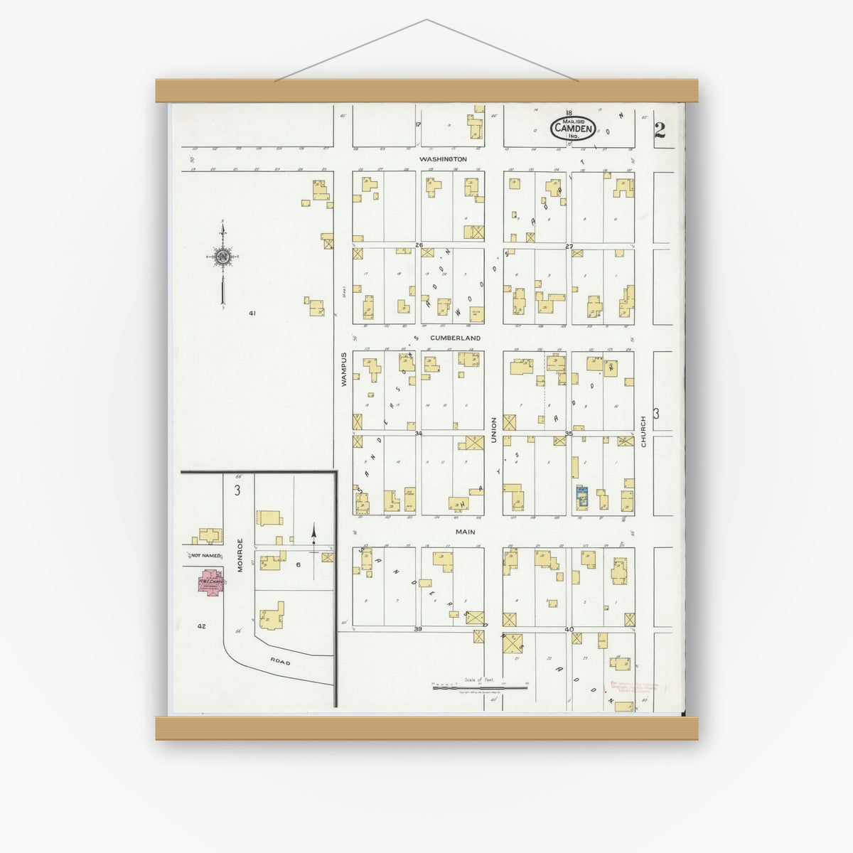 Old map wall art mockup — magnetic wood frame on white wall — Sanborn Fire Insurance Map from Camden, Carroll County, Indiana (1919), Sheet #0002