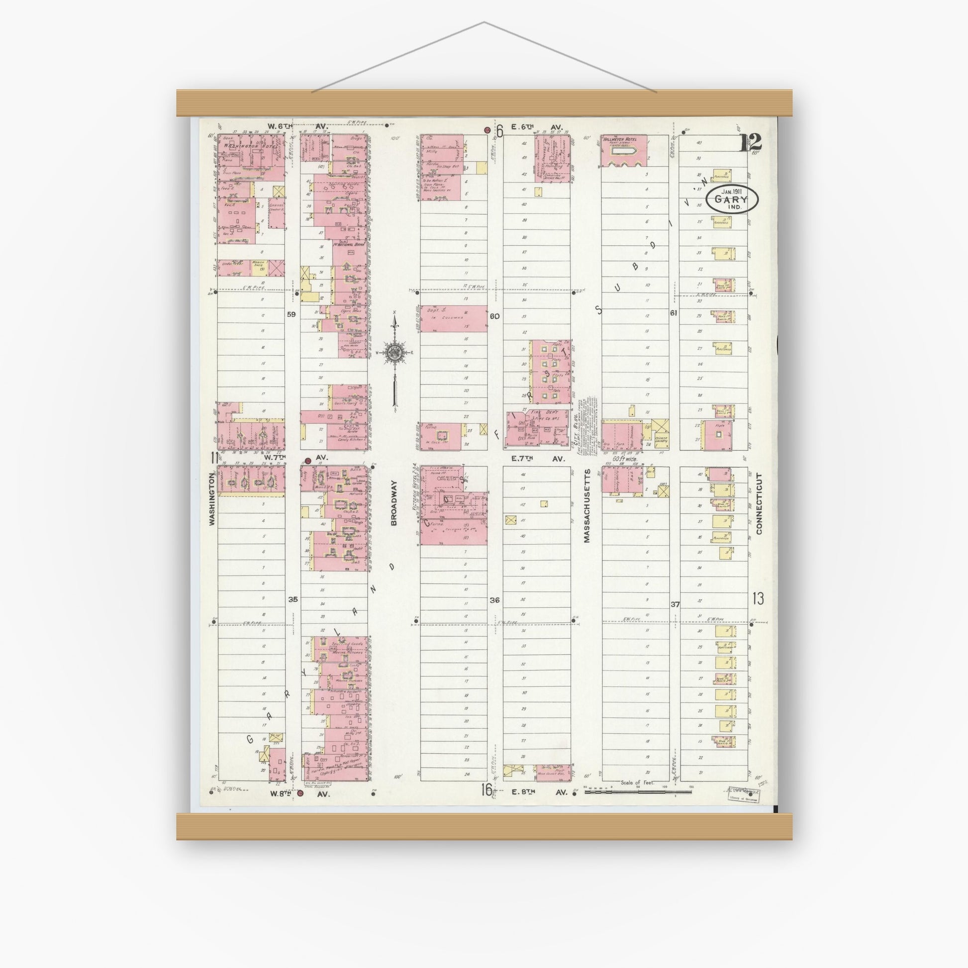 Old map wall art mockup — magnetic wood frame on white wall — Sanborn Fire Insurance Map from Gary, Lake County, Indiana (1911), Sheet #0012