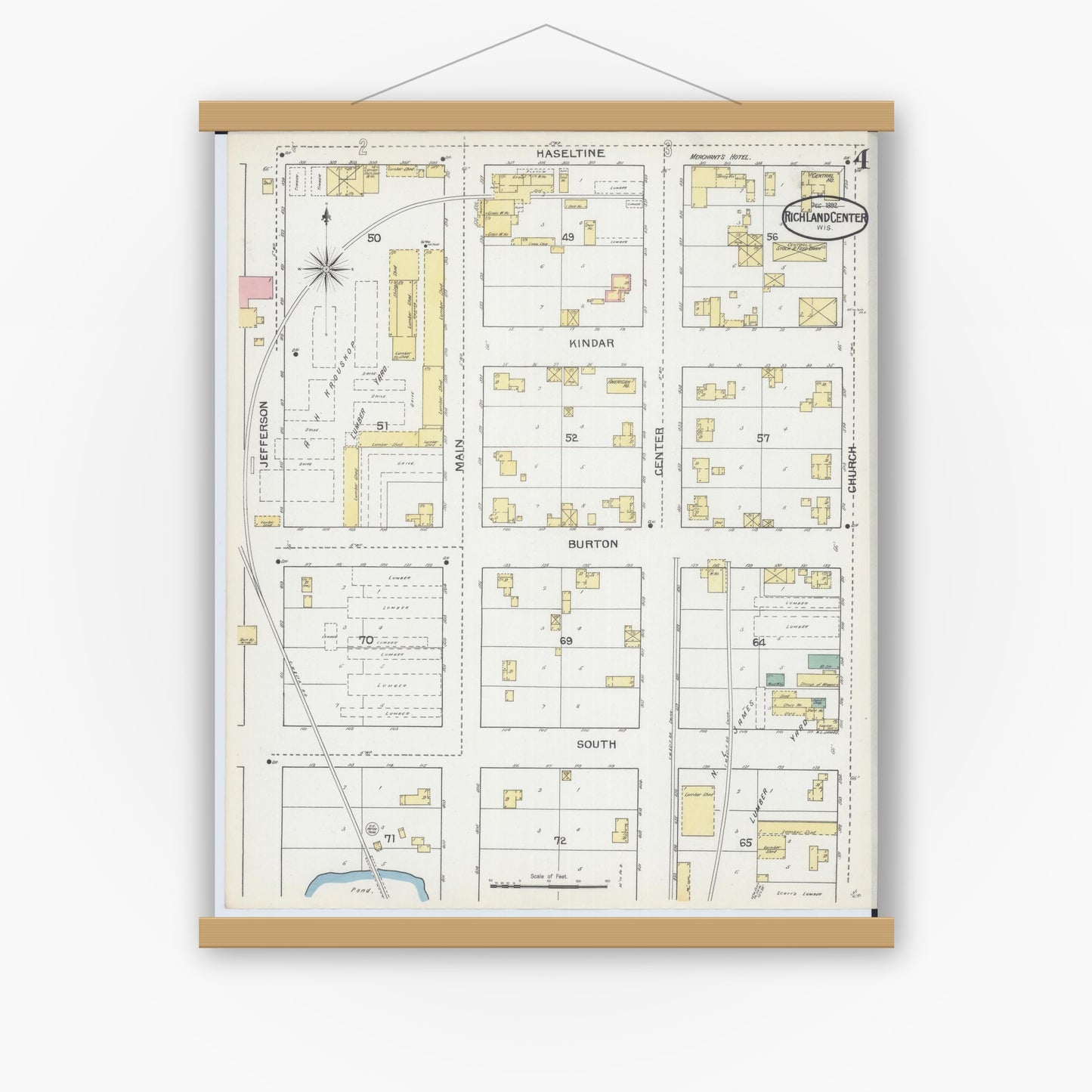 Old map wall art mockup — magnetic wood frame on white wall — Sanborn Fire Insurance Map from Richland Center, Richland County, Wisconsin (1892), Sheet #0004
