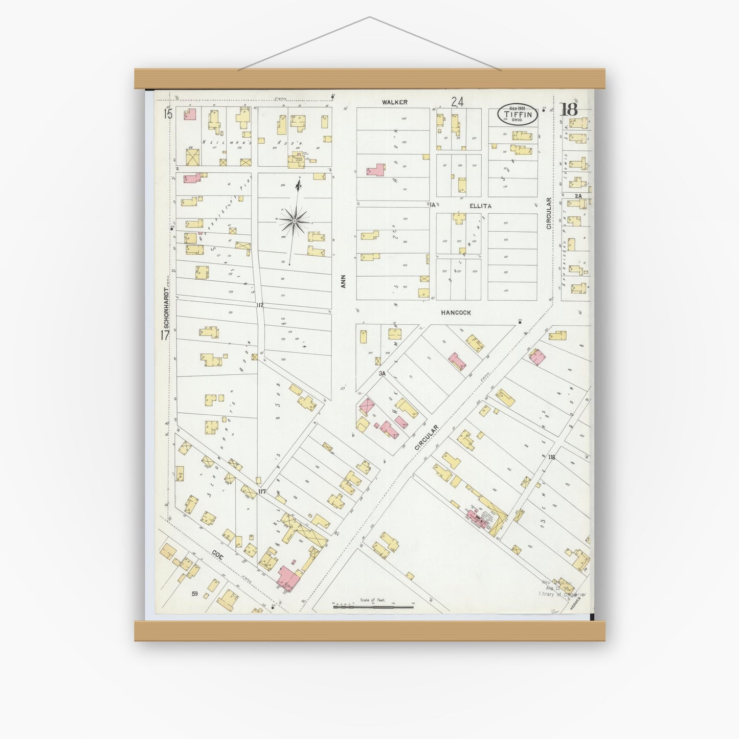 Old map wall art mockup — magnetic wood frame on white wall — Sanborn Fire Insurance Map from Tiffin, Seneca County, Ohio (1901), Sheet #0018