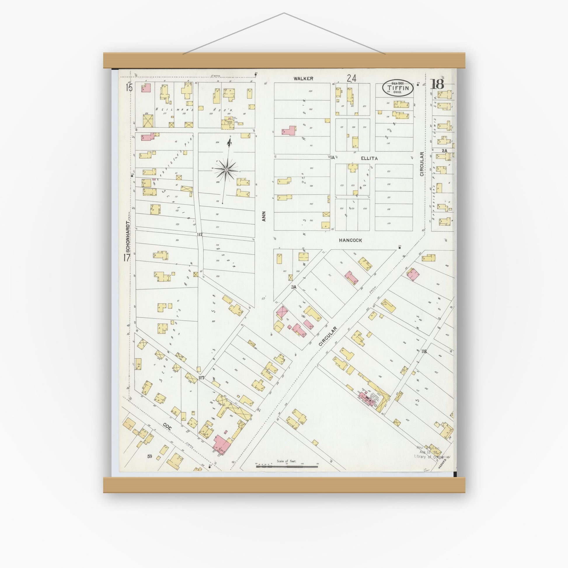 Old map wall art mockup — magnetic wood frame on white wall — Sanborn Fire Insurance Map from Tiffin, Seneca County, Ohio (1901), Sheet #0018