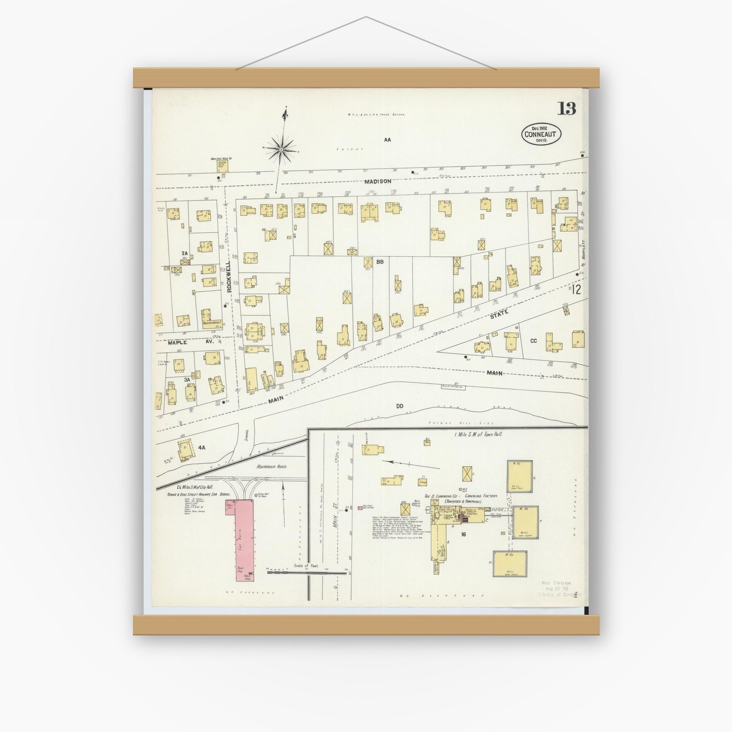 Old map wall art mockup — magnetic wood frame on white wall — Sanborn Fire Insurance Map from Conneaut, Ashtabula County, Ohio (1902), Sheet #0013