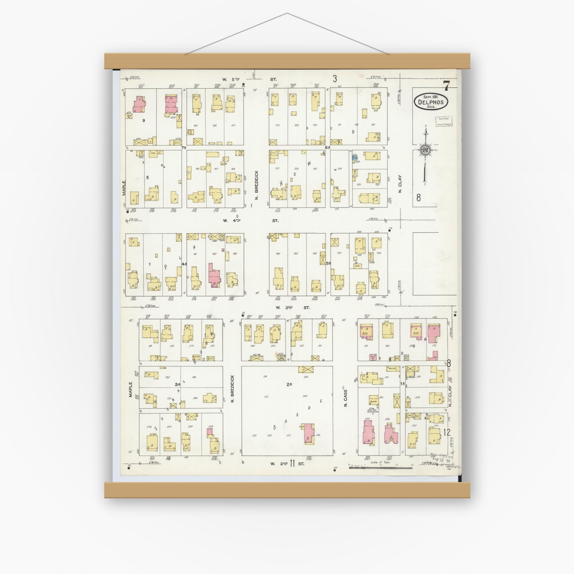 Old map wall art mockup — magnetic wood frame on white wall — Sanborn Fire Insurance Map from Delphos, Van Wert And Allen Counties, Ohio (1911), Sheet #0007