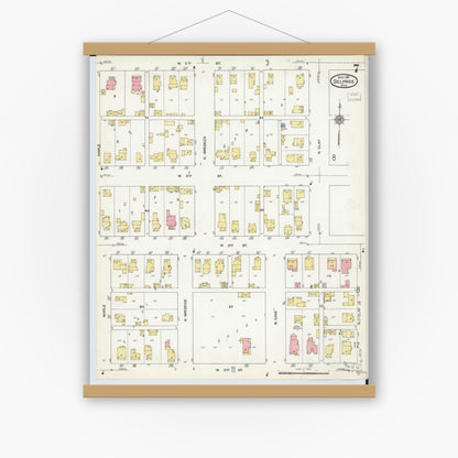 Old map wall art mockup — magnetic wood frame on white wall — Sanborn Fire Insurance Map from Delphos, Van Wert And Allen Counties, Ohio (1911), Sheet #0007