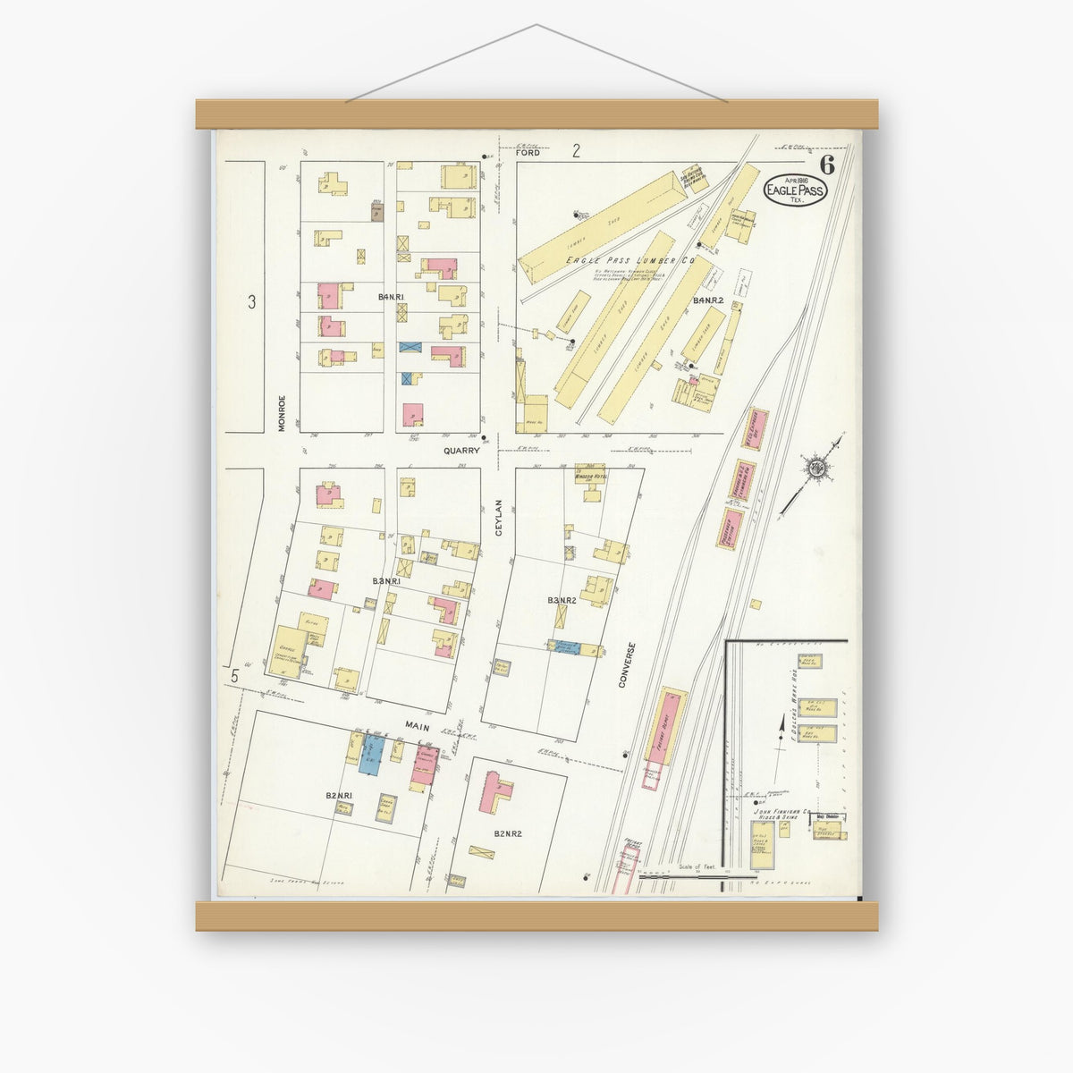 Old map wall art mockup — magnetic wood frame on white wall — Sanborn Fire Insurance Map from Eagle Pass, Maverick County, Texas (1916), Sheet #0006