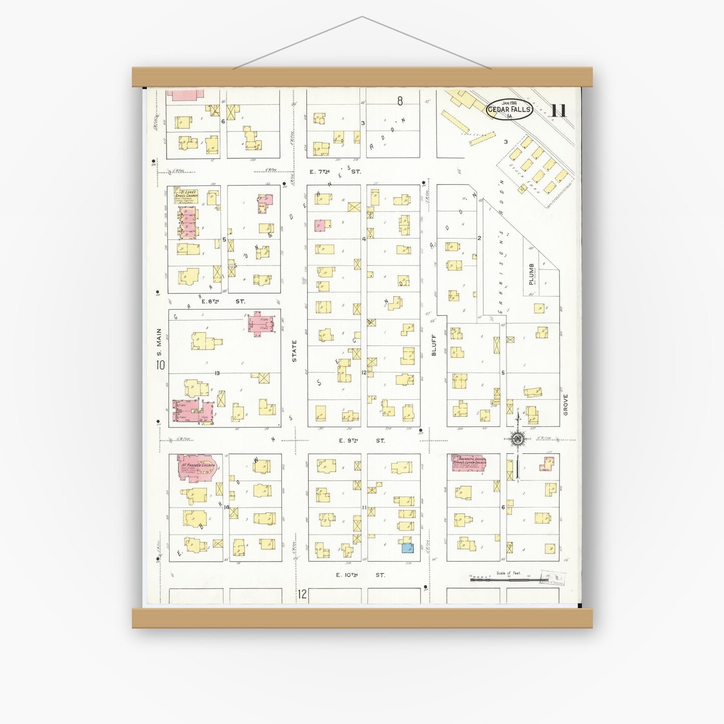 Old map wall art mockup — magnetic wood frame on white wall — Sanborn Fire Insurance Map from Cedar Falls, Black Hawk County, Iowa (1916), Sheet #0011