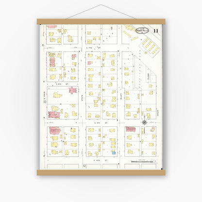 Old map wall art mockup — magnetic wood frame on white wall — Sanborn Fire Insurance Map from Cedar Falls, Black Hawk County, Iowa (1916), Sheet #0011