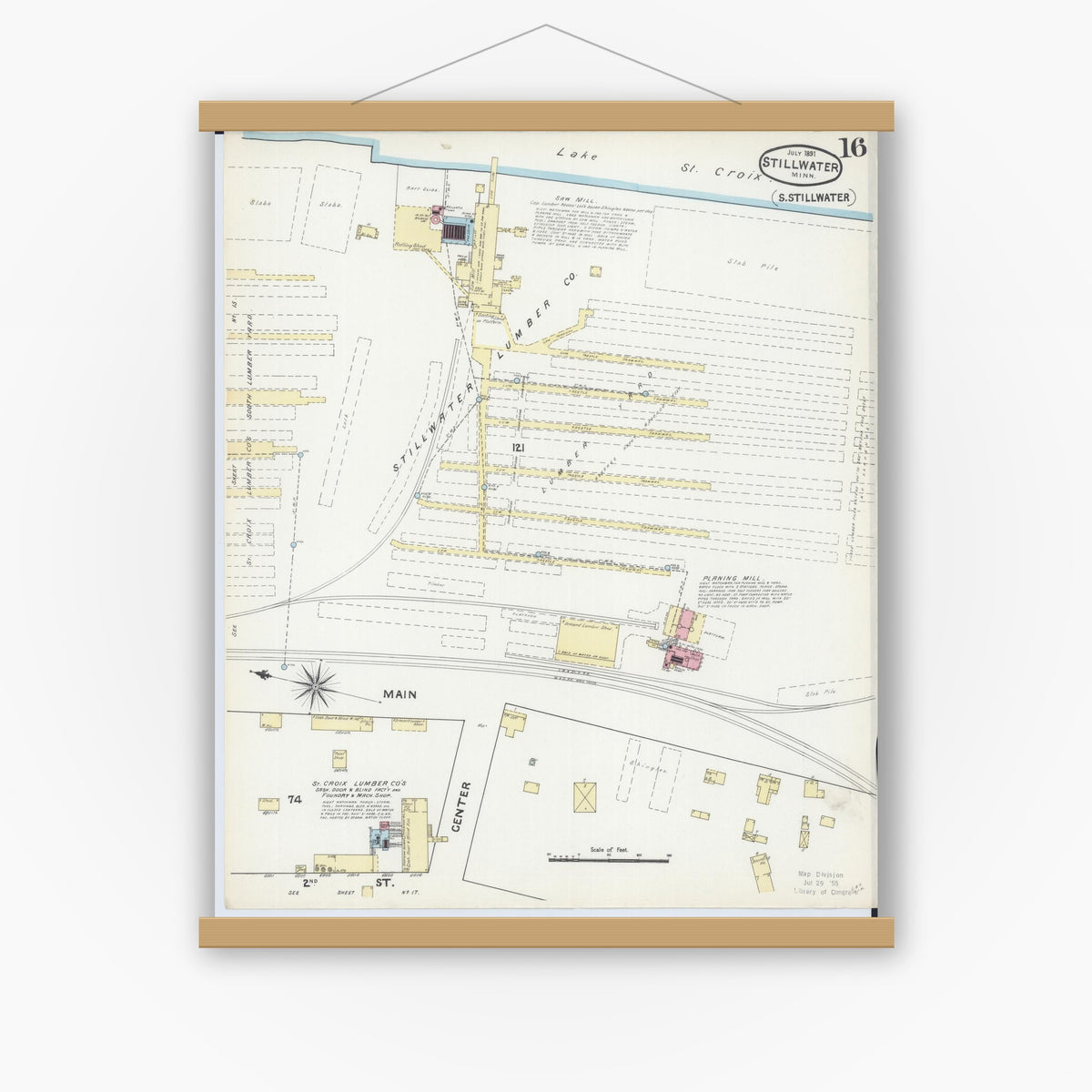 Old map wall art mockup — magnetic wood frame on white wall — Sanborn Fire Insurance Map from Stillwater, Washington County, Minnesota (1891), Sheet #0016