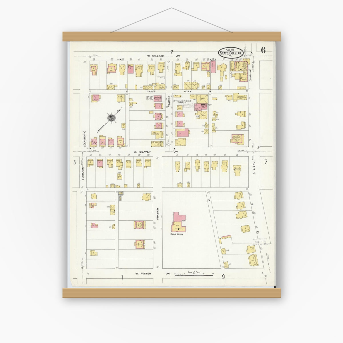 Old map wall art mockup — magnetic wood frame on white wall — Sanborn Fire Insurance Map from State College, Centre County, Pennsylvania (1911), Sheet #0006