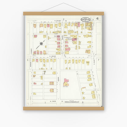 Old map wall art mockup — magnetic wood frame on white wall — Sanborn Fire Insurance Map from State College, Centre County, Pennsylvania (1911), Sheet #0006