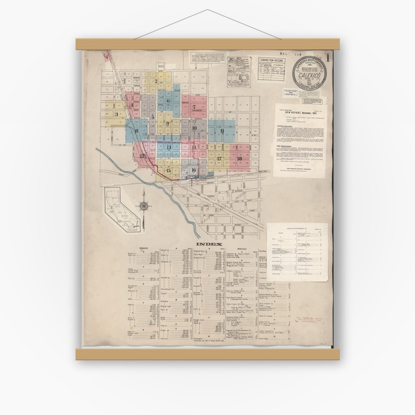 Old map wall art mockup — magnetic wood frame on white wall — Sanborn Fire Insurance Map from Calexico, Imperial County, California (1949), Sheet #0001