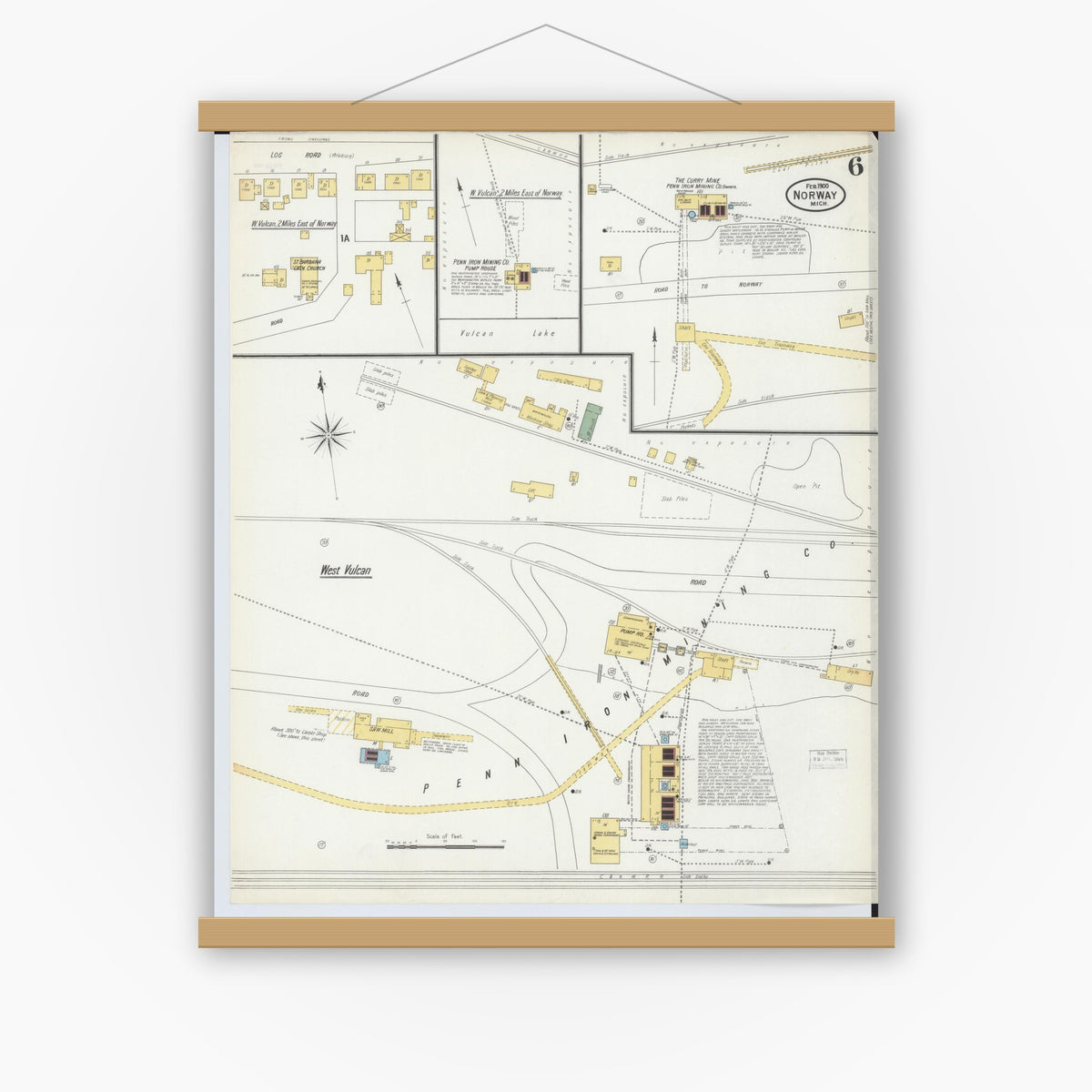 Old map wall art mockup — magnetic wood frame on white wall — Sanborn Fire Insurance Map from Norway, Dickinson County, Michigan (1900), Sheet #0006