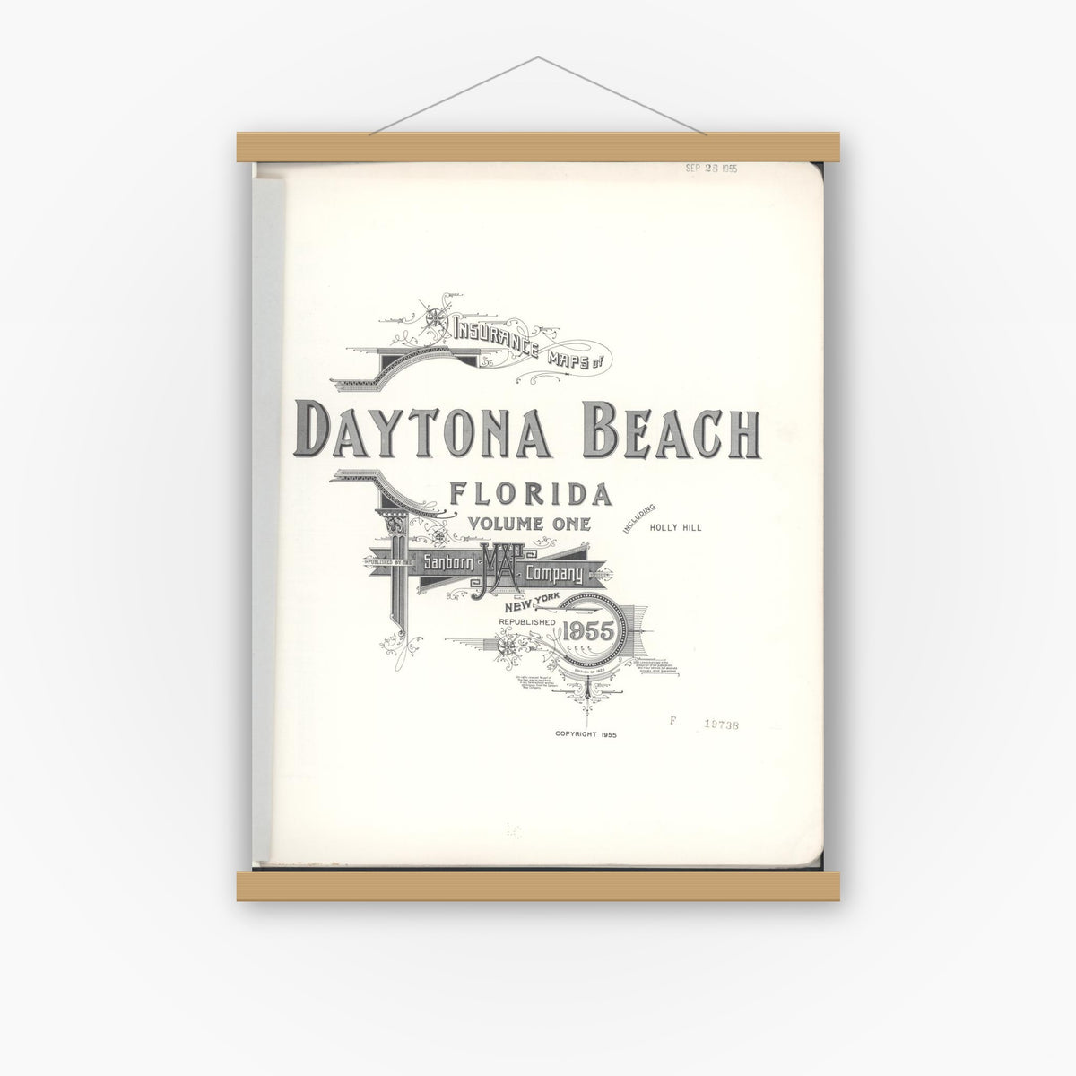 Old map wall art mockup — magnetic wood frame on white wall — Sanborn Fire Insurance Map from Daytona, Volusia County, Florida (1955), Sheet #0001