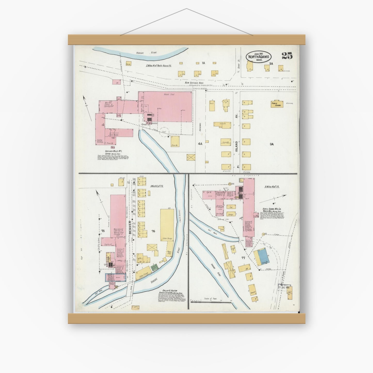 Old map wall art mockup — magnetic wood frame on white wall — Sanborn Fire Insurance Map from North Adams, Berkshire County, Massachusetts (1901), Sheet #0025