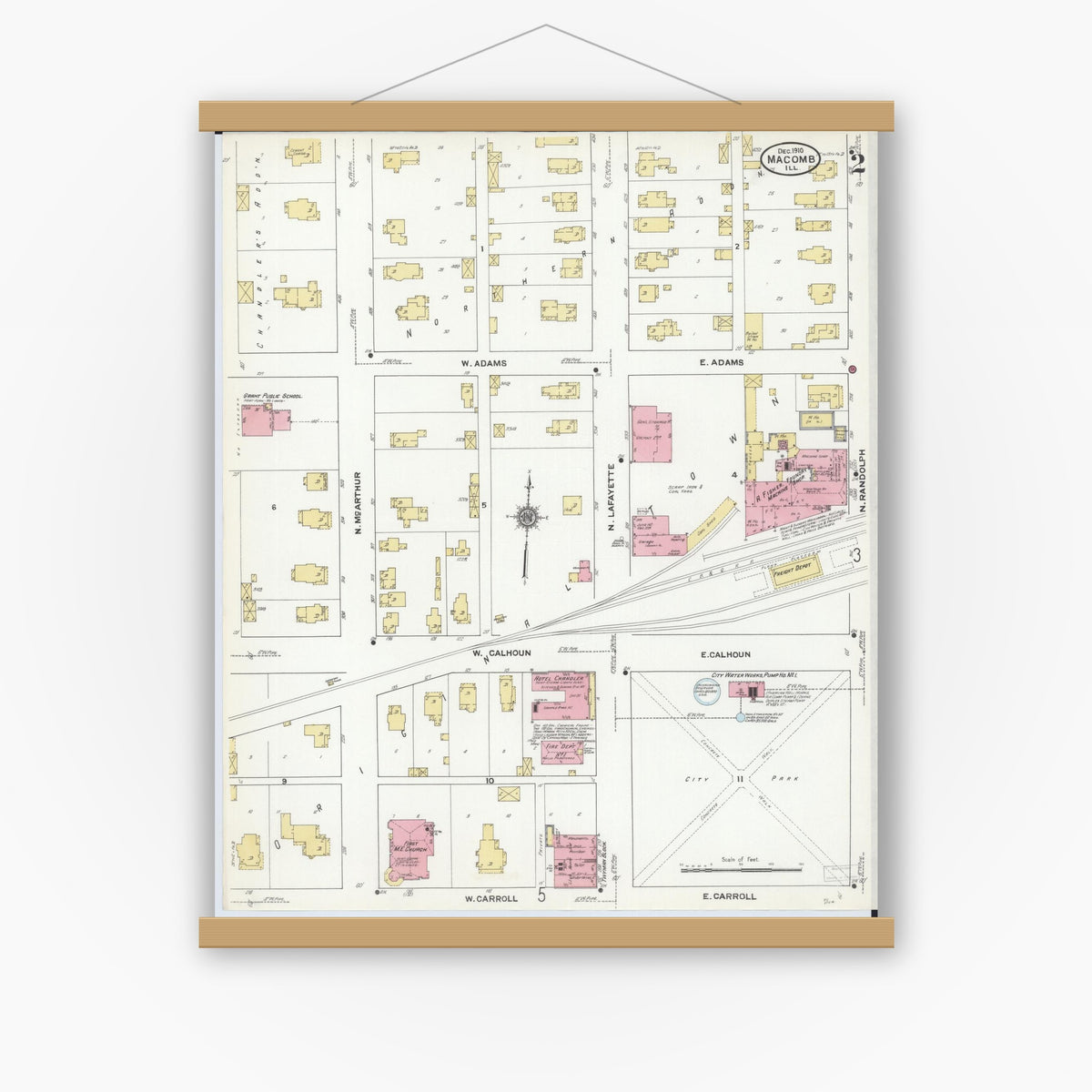 Old map wall art mockup — magnetic wood frame on white wall — Sanborn Fire Insurance Map from Macomb, Mcdonough County, Illinois (1910), Sheet #0002