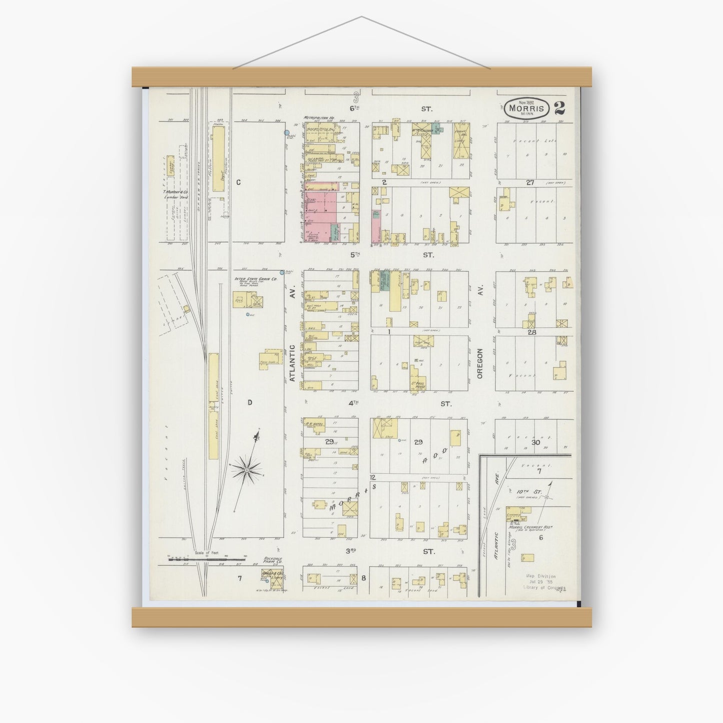 Old map wall art mockup — magnetic wood frame on white wall — Sanborn Fire Insurance Map from Morris, Stevens County, Minnesota (1892), Sheet #0002