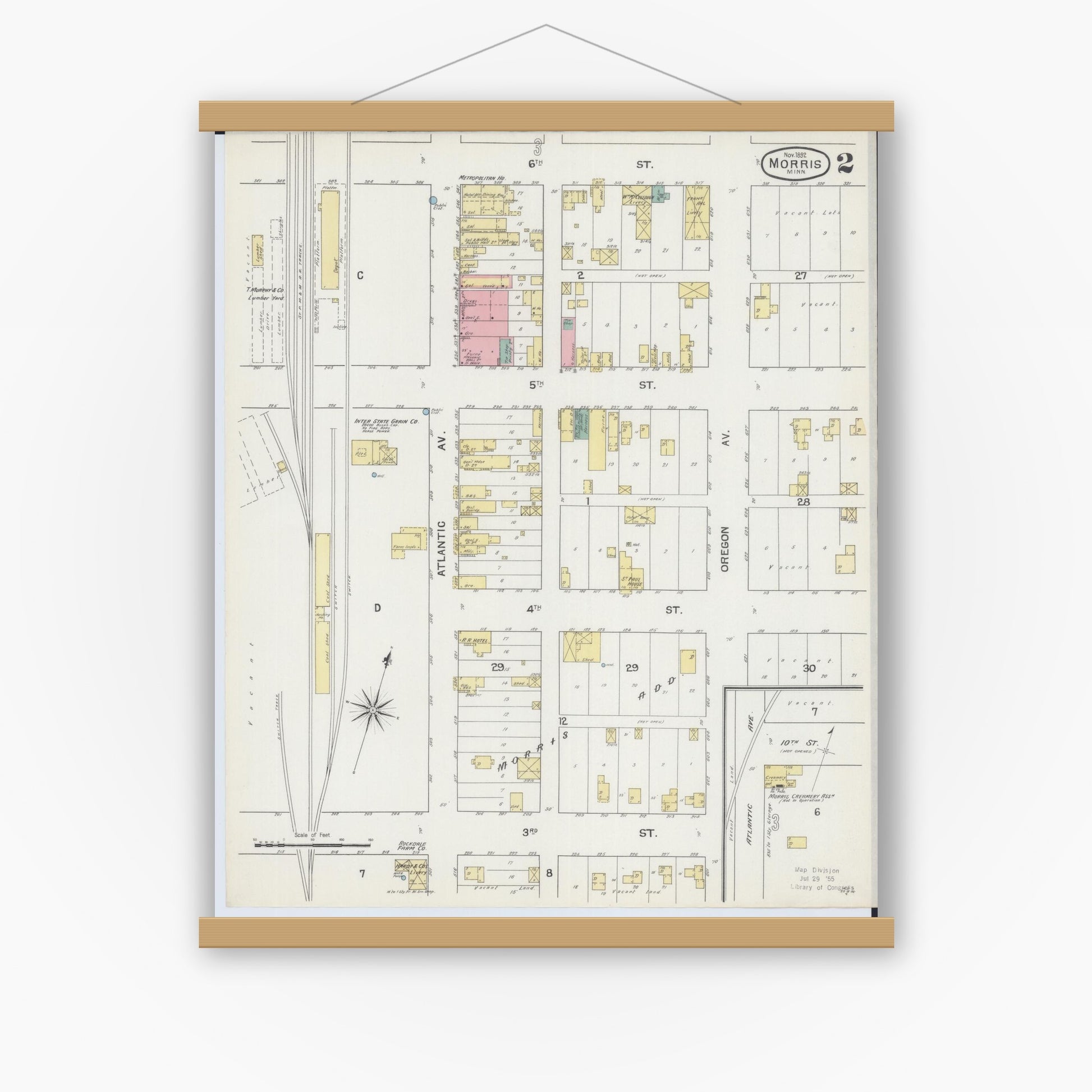 Old map wall art mockup — magnetic wood frame on white wall — Sanborn Fire Insurance Map from Morris, Stevens County, Minnesota (1892), Sheet #0002