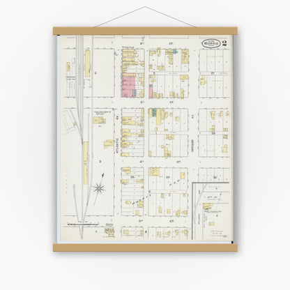 Old map wall art mockup — magnetic wood frame on white wall — Sanborn Fire Insurance Map from Morris, Stevens County, Minnesota (1892), Sheet #0002