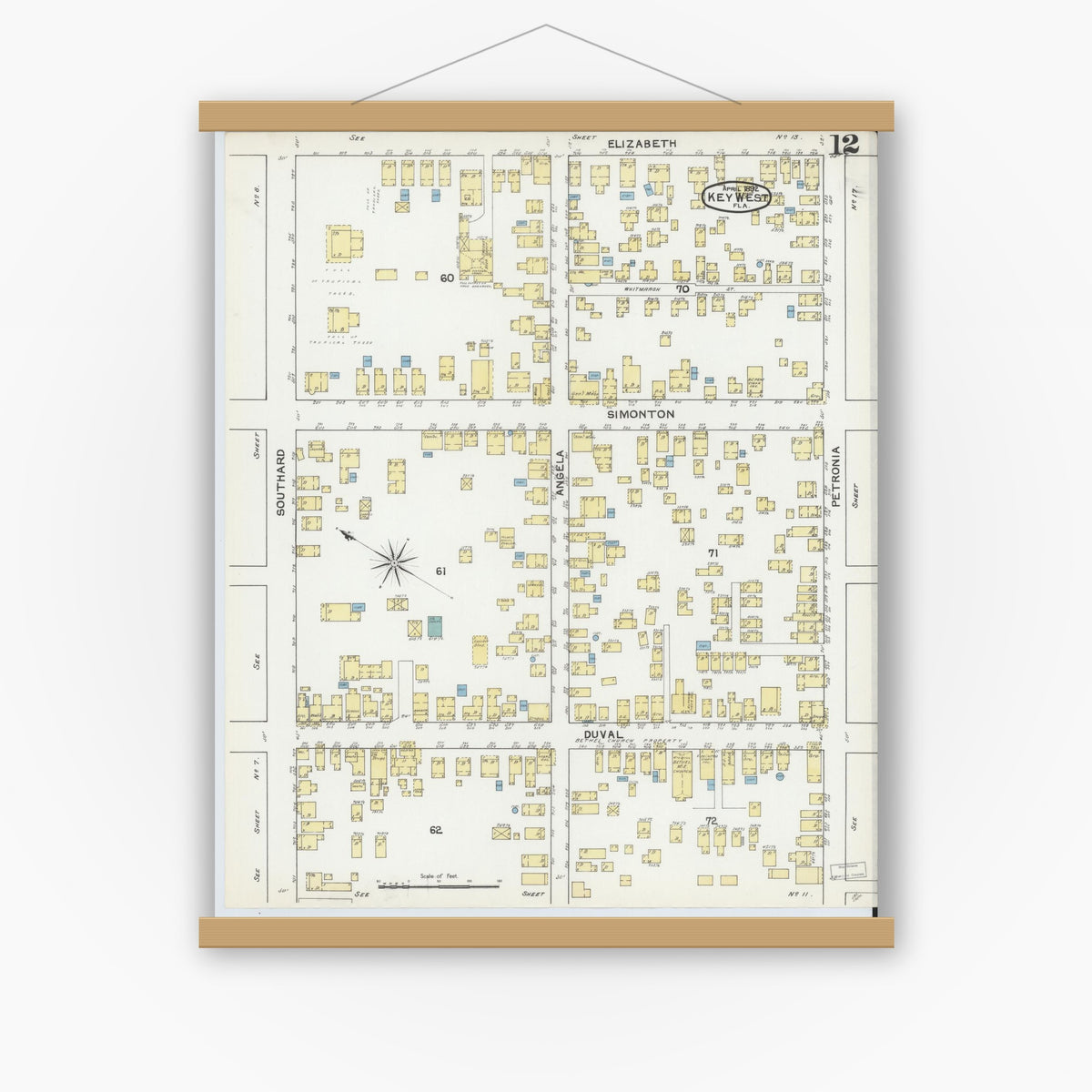 Old map wall art mockup — magnetic wood frame on white wall — Sanborn Fire Insurance Map from Key West, Monroe County, Florida (1892), Sheet #0012