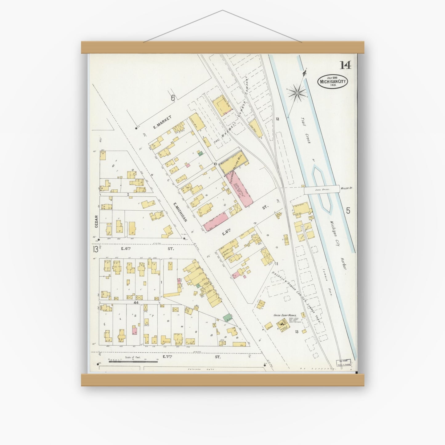 Old map wall art mockup — magnetic wood frame on white wall — Sanborn Fire Insurance Map from Michigan City, La Porte County, Indiana (1899), Sheet #0014