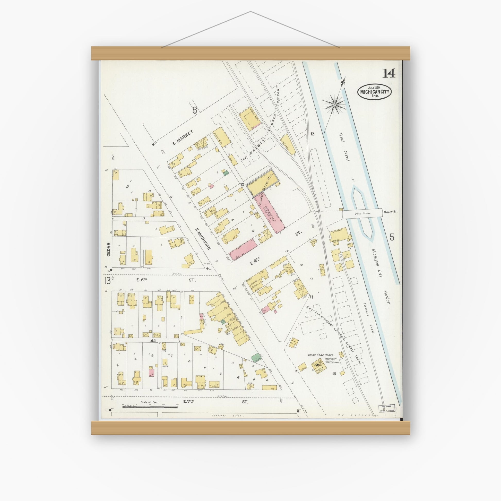 Old map wall art mockup — magnetic wood frame on white wall — Sanborn Fire Insurance Map from Michigan City, La Porte County, Indiana (1899), Sheet #0014
