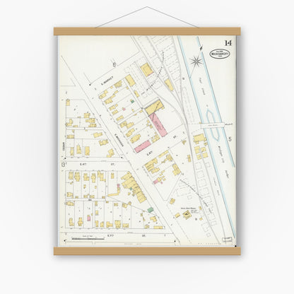 Old map wall art mockup — magnetic wood frame on white wall — Sanborn Fire Insurance Map from Michigan City, La Porte County, Indiana (1899), Sheet #0014