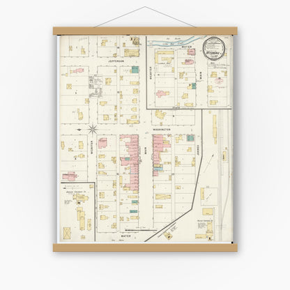 Old map wall art mockup — magnetic wood frame on white wall — Sanborn Fire Insurance Map from Wyoming, Jones County, Iowa (1895), Sheet #0001