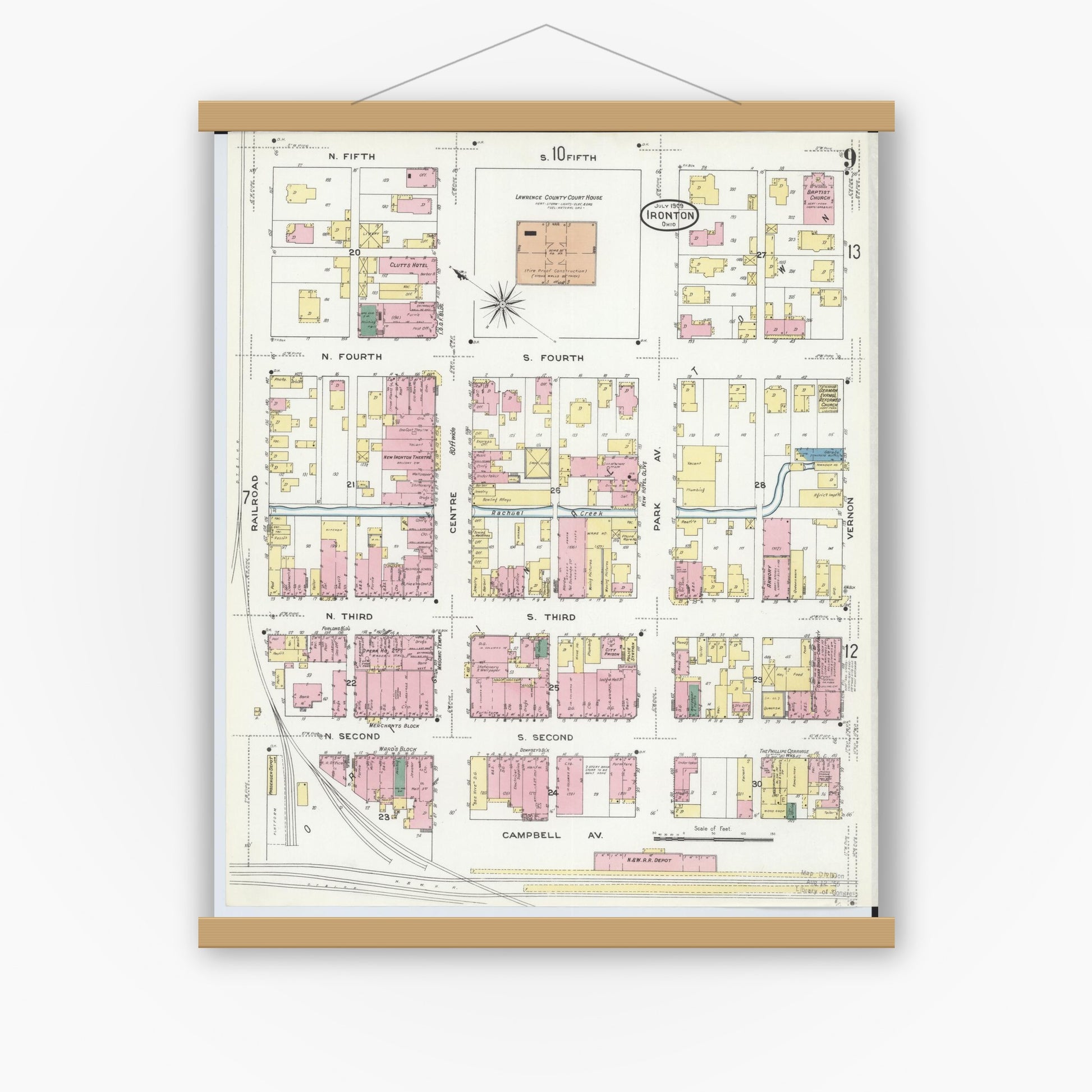 Old map wall art mockup — magnetic wood frame on white wall — Sanborn Fire Insurance Map from Ironton, Lawrence County, Ohio (1909), Sheet #0009
