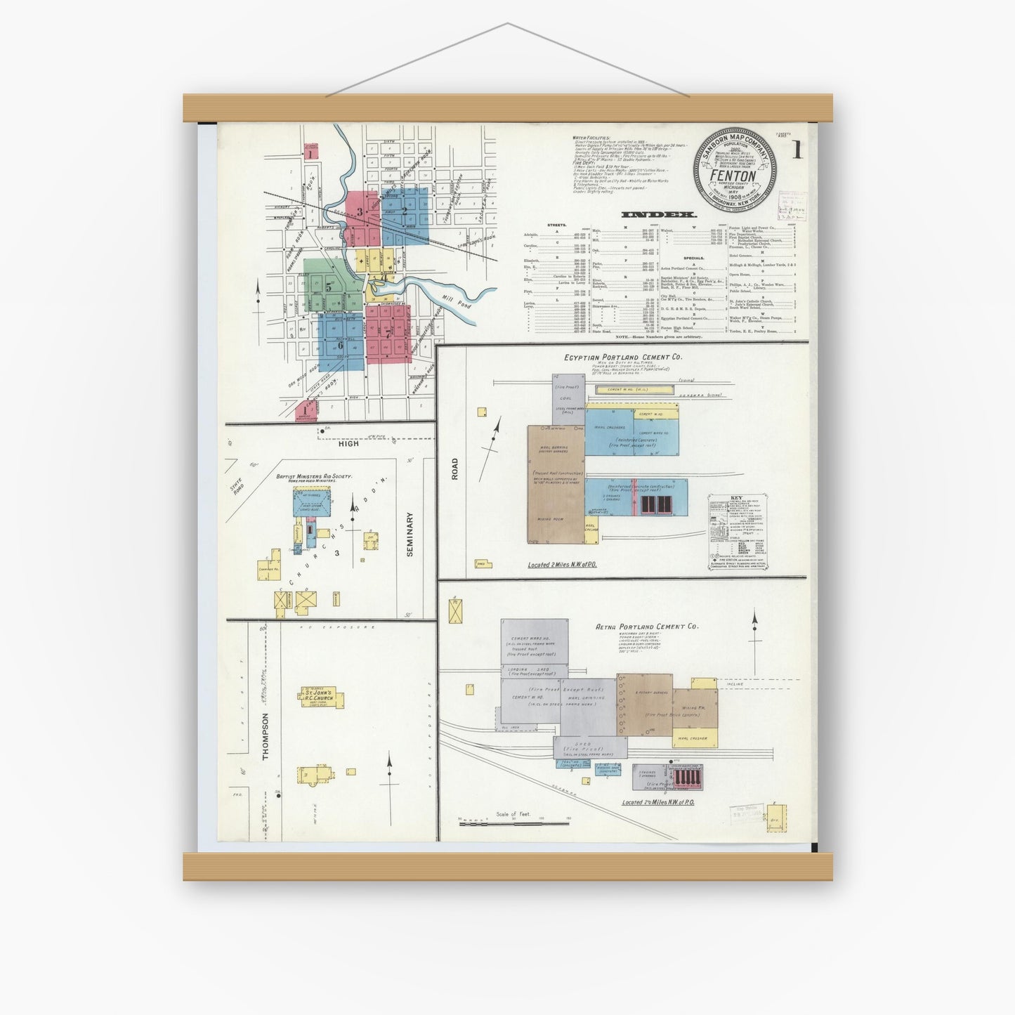 Old map wall art mockup — magnetic wood frame on white wall — Sanborn Fire Insurance Map from Fenton, Genesee County, Michigan (1908), Sheet #0001
