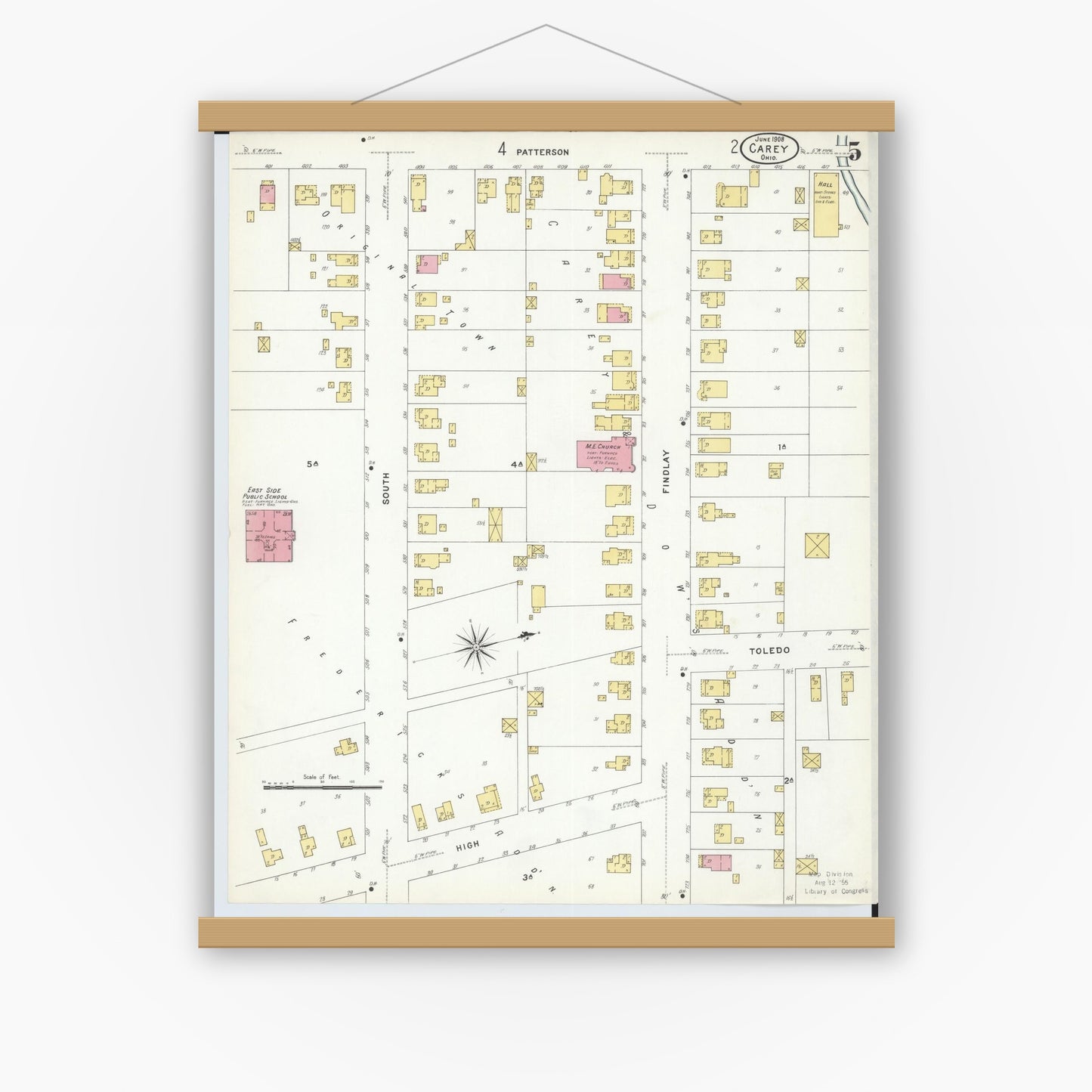 Old map wall art mockup — magnetic wood frame on white wall — Sanborn Fire Insurance Map from Carey, Wyandot County, Ohio (1908), Sheet #0005