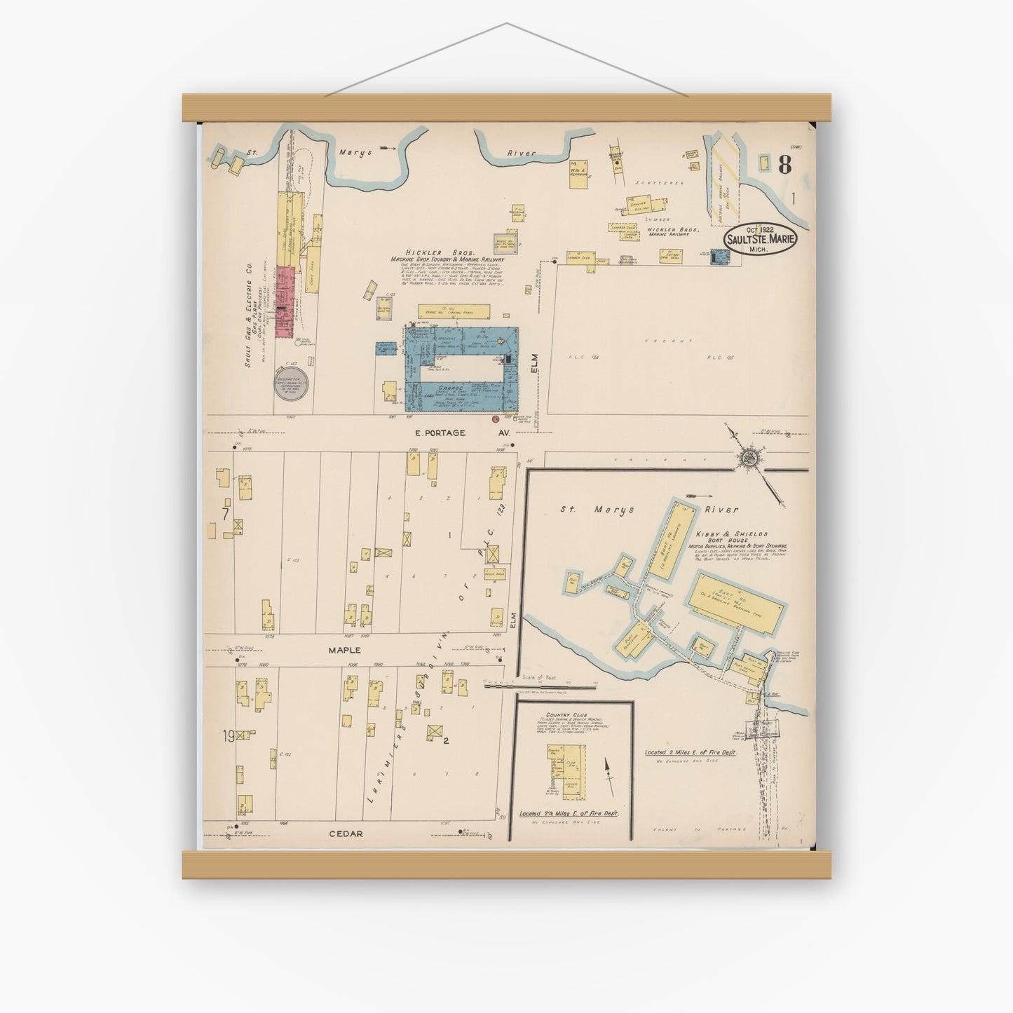Old map wall art mockup — magnetic wood frame on white wall — Sanborn Fire Insurance Map from Sault Sainte Marie, Chippewa County, Michigan (1922), Sheet #0008