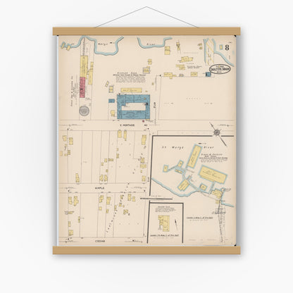 Old map wall art mockup — magnetic wood frame on white wall — Sanborn Fire Insurance Map from Sault Sainte Marie, Chippewa County, Michigan (1922), Sheet #0008